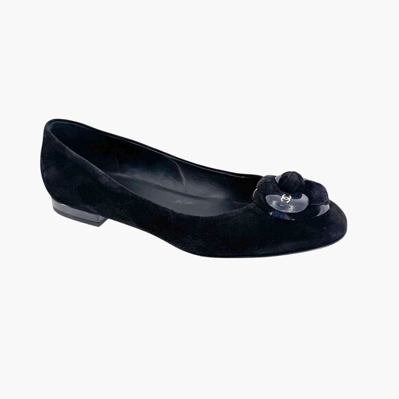Chanel Camellia CC Ballet Flats Black Suede Size 38.5 US 7.5–8 Women Flower Logo - Picture 8 of 14